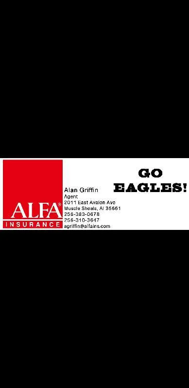 Graphic featuring ALFA Insurance logo, contact details for agent Alan Griffin, and the text "GO EAGLES!"