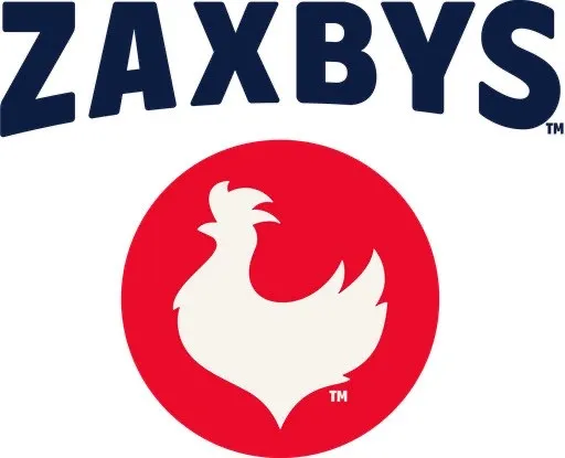 The image features the Zaxby's restaurant logo, which includes the brand name "ZAXBY'S" in blue above a red circle with a white chicken silhouette inside.