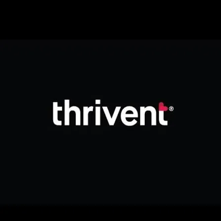 Logo featuring the word "thrivent" in white text on a black background, with a red heart symbol inside the letter "t".