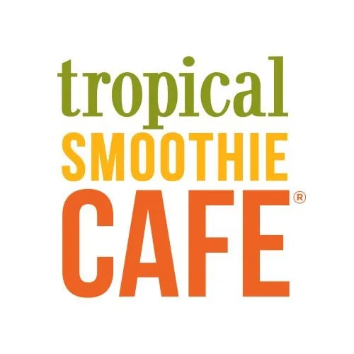 Logo features the words "tropical SMOOTHIE CAFE" with "tropical" in green, "SMOOTHIE" in orange, and "CAFE" in orange, all stacked with a registered trademark symbol.