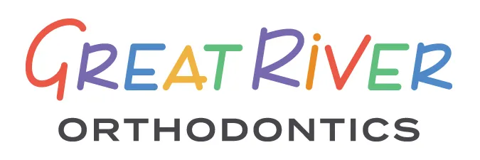 The image features the text "Great River Orthodontics" in colorful letters, with "Great River" in a playful font and "ORTHODONTICS" in a bold, gray font below.