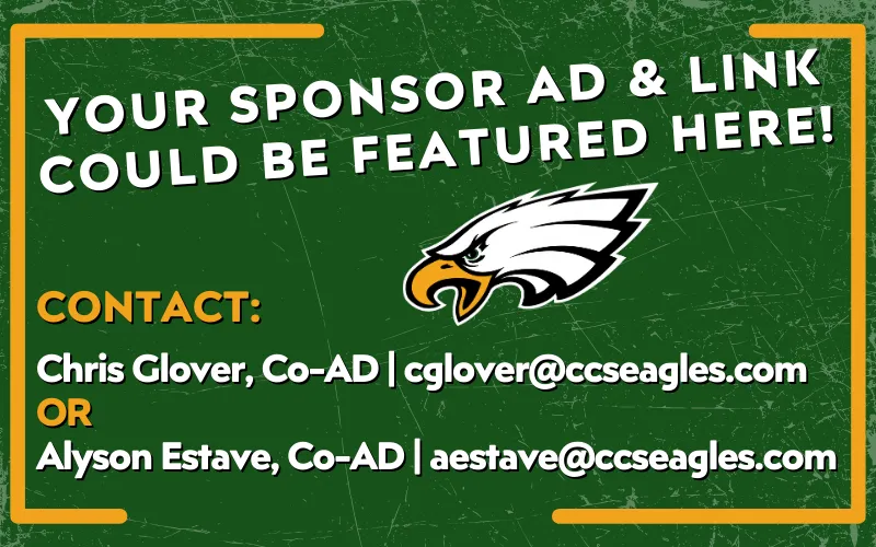 White text on a green background promotes sponsor advertising, featuring an eagle logo. Contact information for two individuals is provided, with names and email addresses listed.
