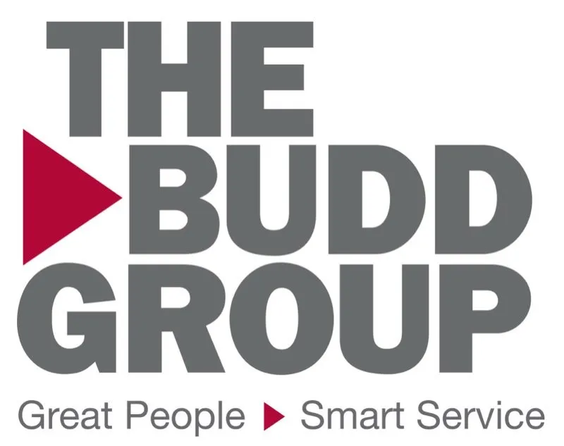 The Budd Group logo consists of a red play button symbol next to the text "THE BUDD GROUP" in bold gray font, with the tagline "Great People > Smart Service" below it.