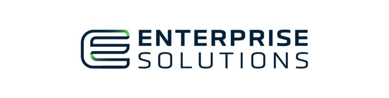 A logo featuring the words "Enterprise Solutions" with a stylized "E" and a modern font. The logo incorporates green accents on a dark blue background.