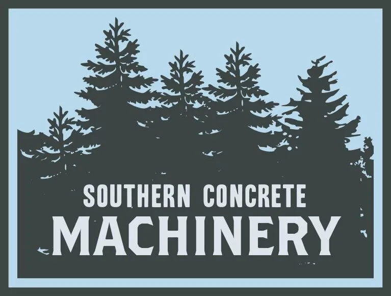 Logo featuring the text "SOUTHERN CONCRETE MACHINERY" in bold, white font, set against a blue background with a silhouette of trees at the top.