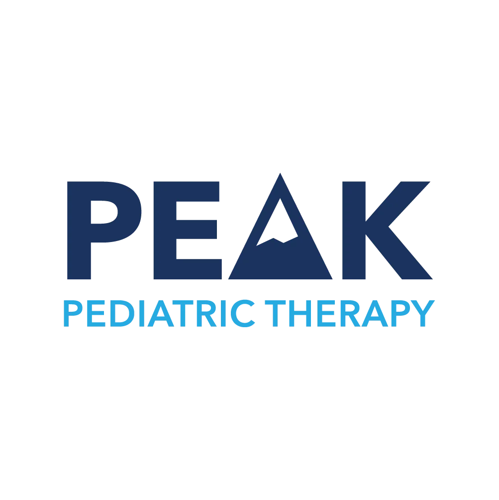 Blue text reads "PEAK" and "PEDIATRIC THERAPY" with a triangular graphic replacing the letter "A" in "PEAK." The overall design is simple and modern.