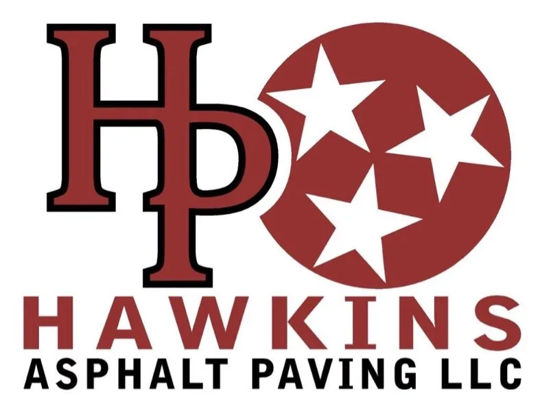 Logo features the letters "HP" intertwined, with "HAWKINS" in bold above "ASPHALT PAVING LLC" below. Three stars are incorporated into the design. The color scheme includes red and white.