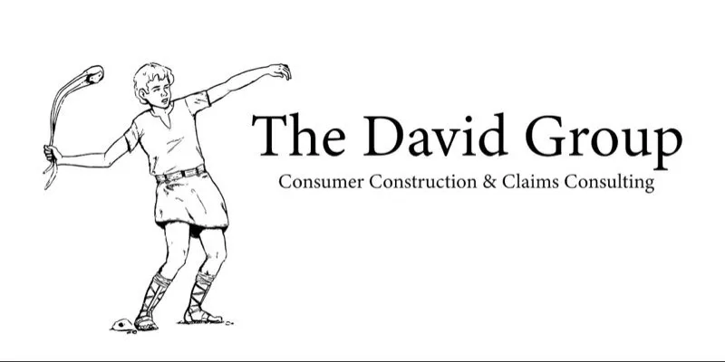 A line drawing features a person wearing a tunic and sandals, swinging a tool or instrument. Text beside the image reads, "The David Group, Consumer Construction & Claims Consulting."