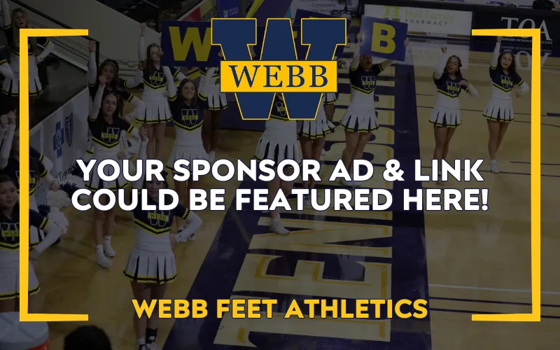 A cheerleading team performs in a gymnasium with a banner displaying "WEBB" and sponsorship text. The setting includes bleachers and a basketball court.