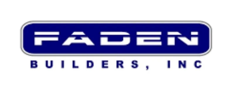 The image displays a logo with the text "FADEN BUILDERS, INC." in bold white letters against a blue background.