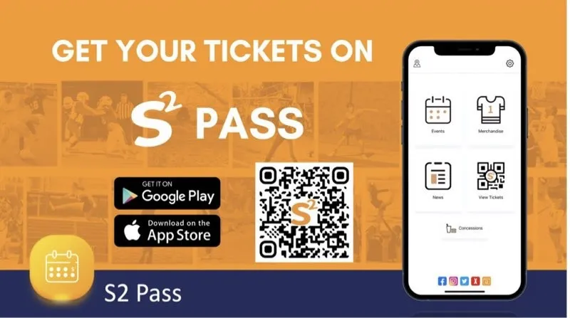 Get your tickets on S2 Pass. The image includes a smartphone displaying the S2 Pass app interface with icons for events, merchandise, news, and tickets, along with a QR code.