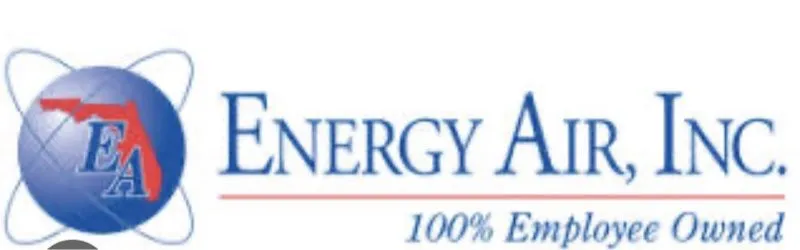 Logo featuring the text "Energy Air, Inc." with the tagline "100% Employee Owned." The design includes a globe with a map of Florida and a graphic element resembling an atom.