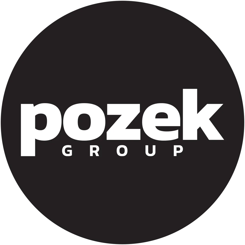 The image features a circular logo displaying the text "pozek GROUP" in bold white letters on a black background.