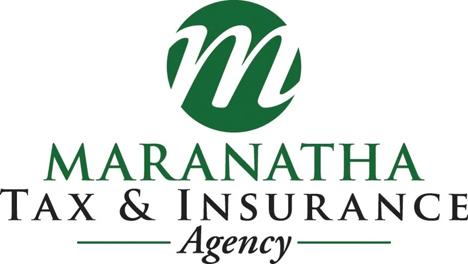Logo featuring the text "MARANATHA TAX & INSURANCE Agency" in green and black, with a stylized "M" in a green circle above the text.