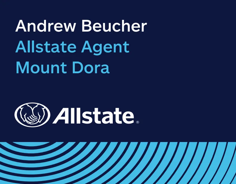 A blue and white graphic displays the text "Andrew Beucher, Allstate Agent, Mount Dora," along with the Allstate logo featuring two hands.