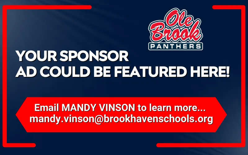 Text on a blue background promoting sponsorship opportunities for Ole Brook Panthers. It includes contact details for Mandy Vinson at brookhavenschools.org.
