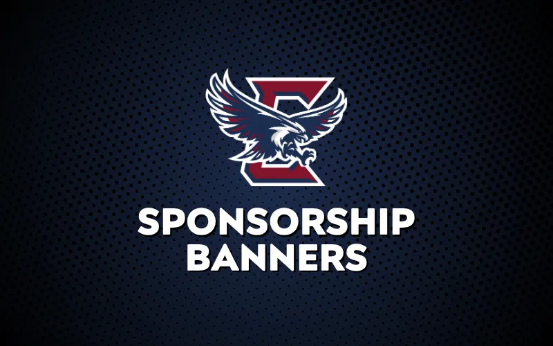 Eagle logo at the top center with the text "SPONSORSHIP BANNERS" in bold white letters below, set against a dark, textured background.