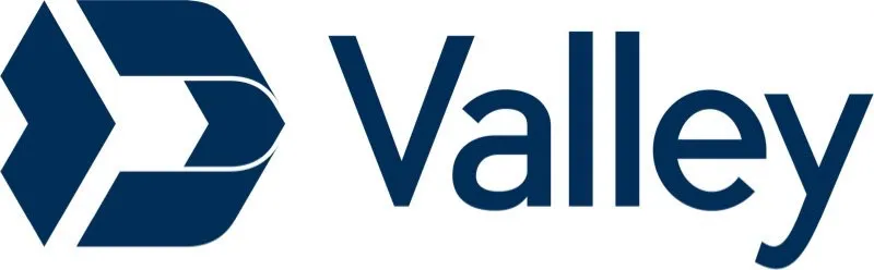 The logo features the word "Valley" in bold, dark blue letters next to a stylized arrow within a geometric shape, also in dark blue. The design is simple and modern.