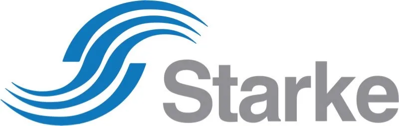 Starke logo featuring three wavy blue lines above the word "Starke" in gray.