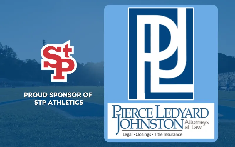 Logo of Pierce Ledyard Johnston Attorneys at Law with the text "PROUD SPONSOR OF STP ATHLETICS" and a background featuring a football field and stadium.
