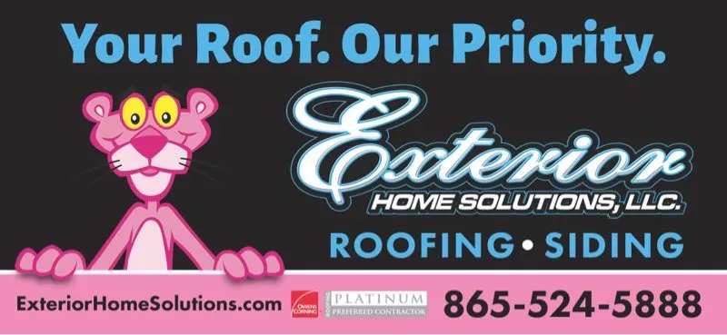A pink cartoon panther is shown next to text advertising "Exterior Home Solutions, LLC" and the services "Roofing • Siding" with a contact number, set against a colorful background.