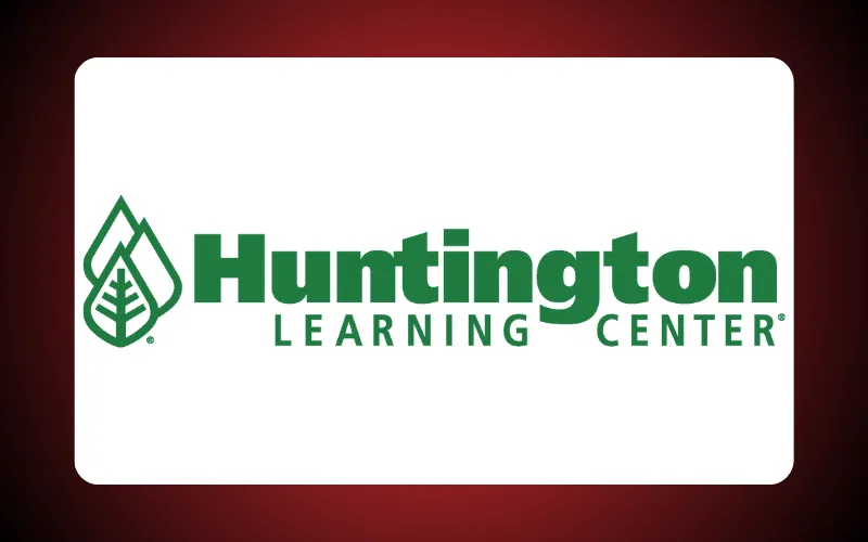 Green text reading "Huntington Learning Center" with a stylized green leaf icon above the words, set against a red background.