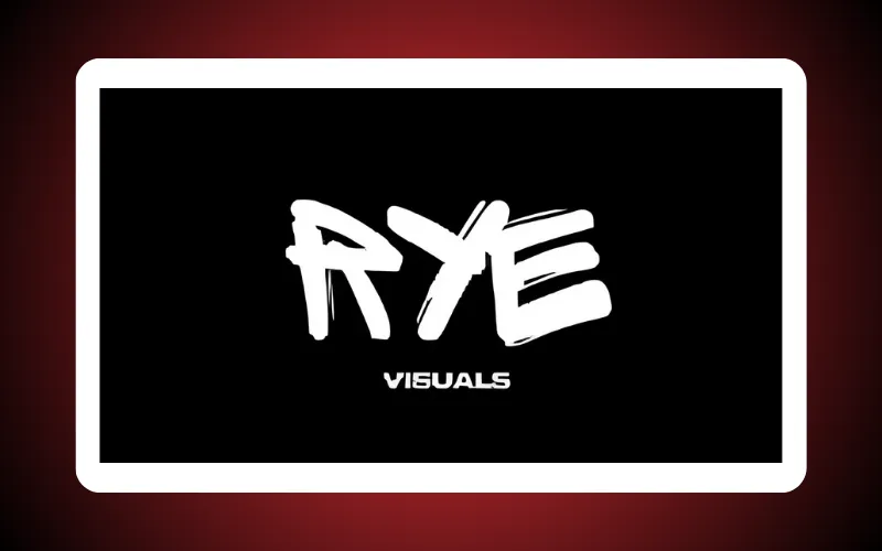 The image displays the text "RYE" in a stylized, white font above the word "VISUALS," set against a solid black background.