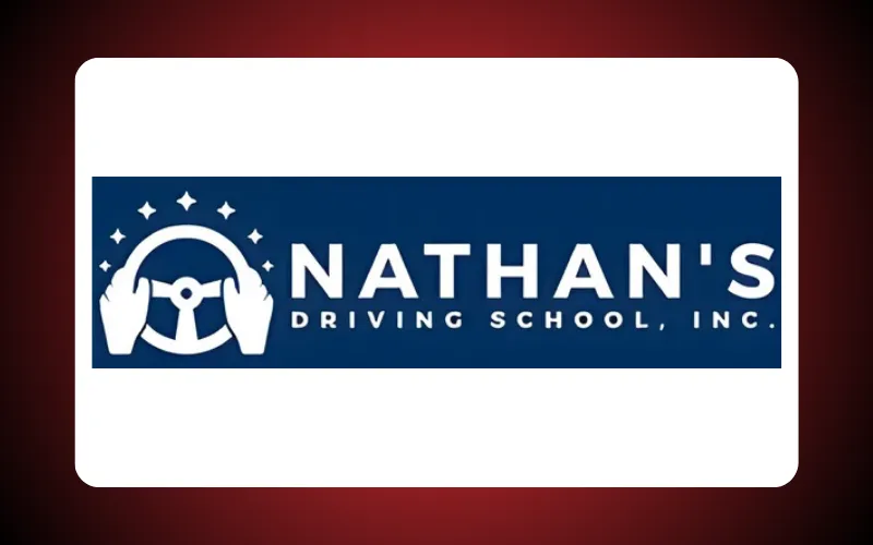 Logo featuring the name "NATHAN'S DRIVING SCHOOL, INC." with a stylized steering wheel graphic and hands on either side, set against a blue background.
