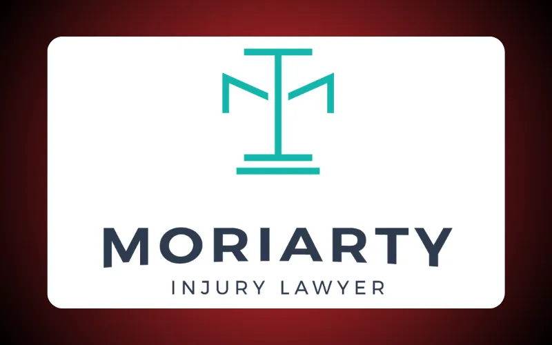 Logo features a stylized balance scale in teal above the text "MORIARTY INJURY LAWYER" in bold, dark blue font. Background is a gradient of red.