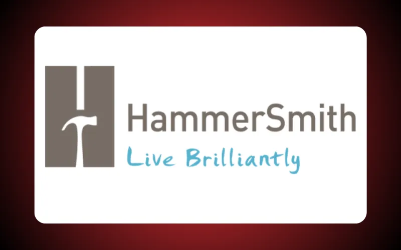 Logo featuring the word "HammerSmith" with a hammer icon. Below it is the tagline "Live Brilliantly" in blue text. The background is a gradient of red.