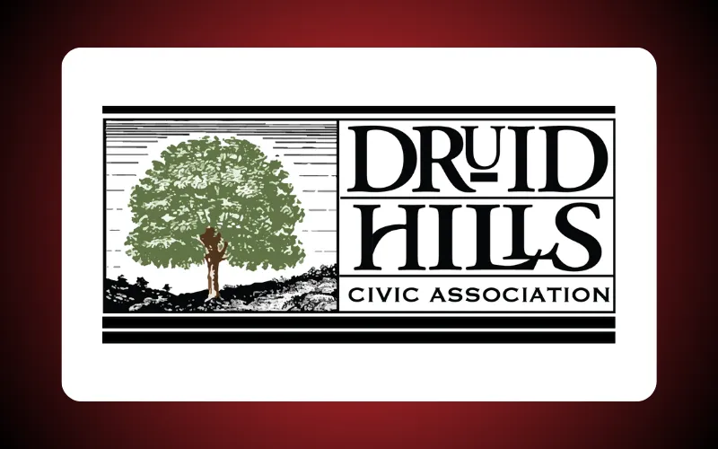 Logo design featuring a large tree with a textured trunk and a canopy of leaves. The text reads "DRUID HILLS" and "CIVIC ASSOCIATION" in stylized fonts.