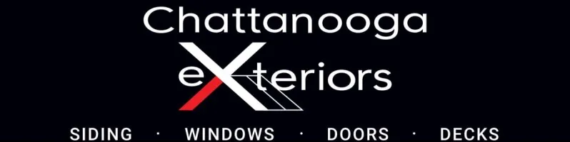 Chattanooga Exteriors logo featuring the text “Chattanooga” in white, “eXteriors” in black, and a red "X." Below, the words “SIDING,” “WINDOWS,” “DOORS,” and “DECKS” in white on a black background.