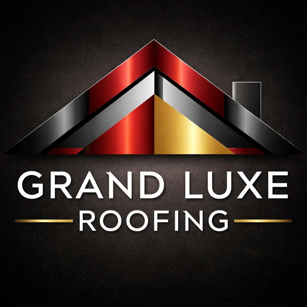 Logo features a stylized house with a red, black, and gold roof. Below, the text reads "GRAND LUXE ROOFING" in bold white letters on a dark background.