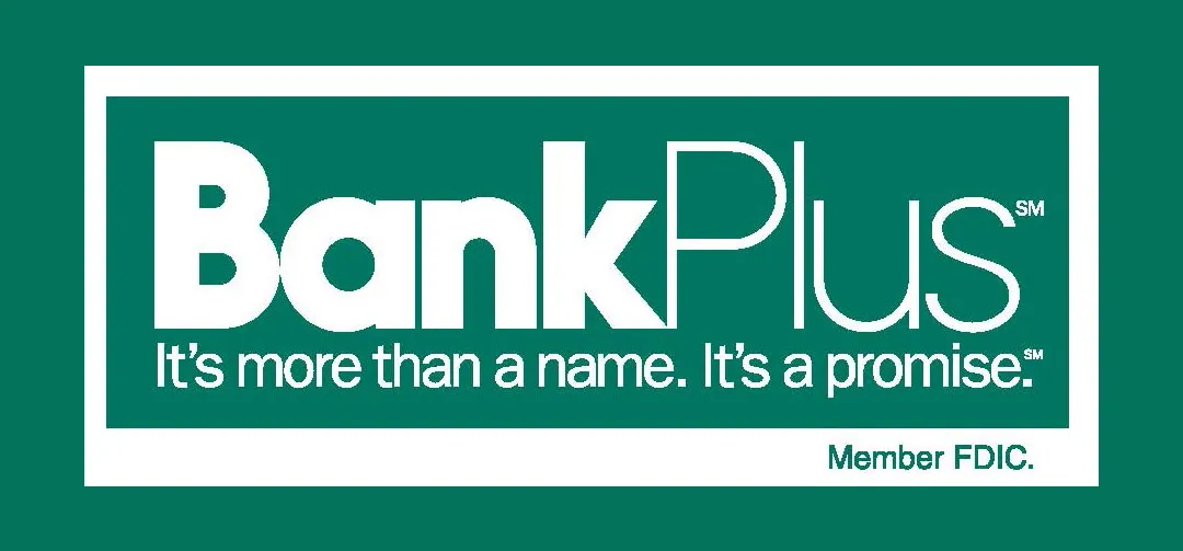 Green advertisement featuring the text "BankPlus" in large font. Below are the words "It's more than a name. It's a promise." and "Member FDIC."