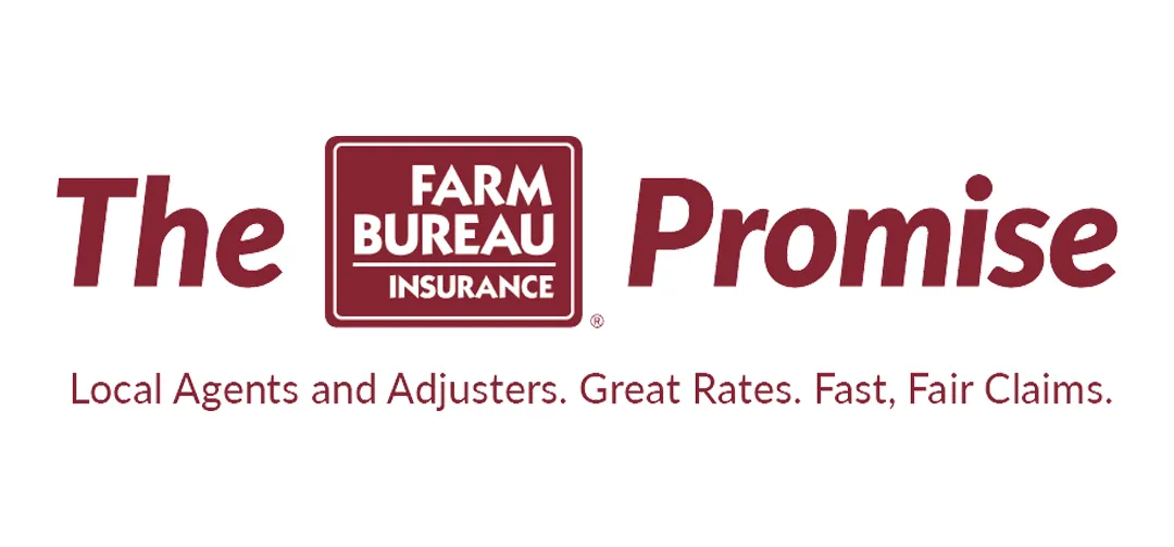 The text reads, "The Farm Bureau Promise. Local Agents and Adjusters. Great Rates. Fast, Fair Claims." The background is a simple, light-colored design.