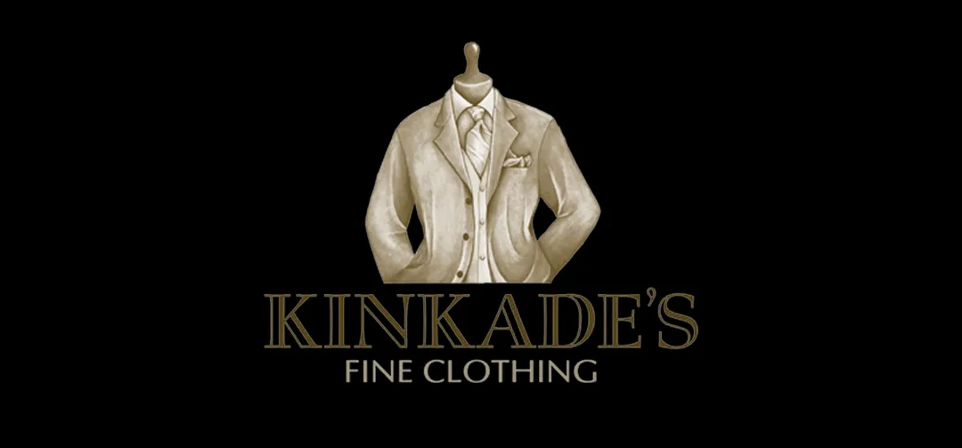 A logo features a stylized illustration of a suit jacket with a dress shirt and tie, accompanied by the text "Kinkade's Fine Clothing" below it. The background is black.