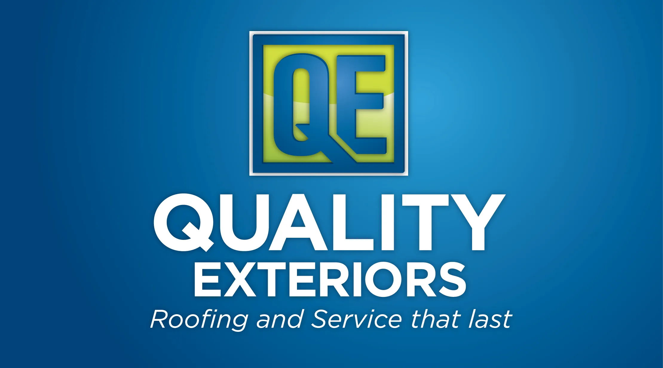 Logo features the text "QE" in green and blue, with the words "QUALITY EXTERIORS" and "Roofing and Service that last" in white against a blue background.