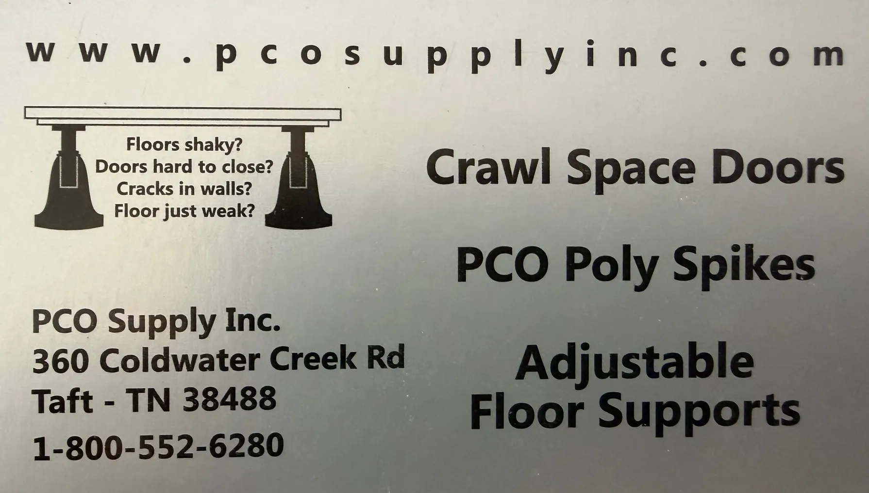 PCO Supply Inc. advertisement featuring services for crawl space doors and floor supports. Contact information and website are noted at the bottom.