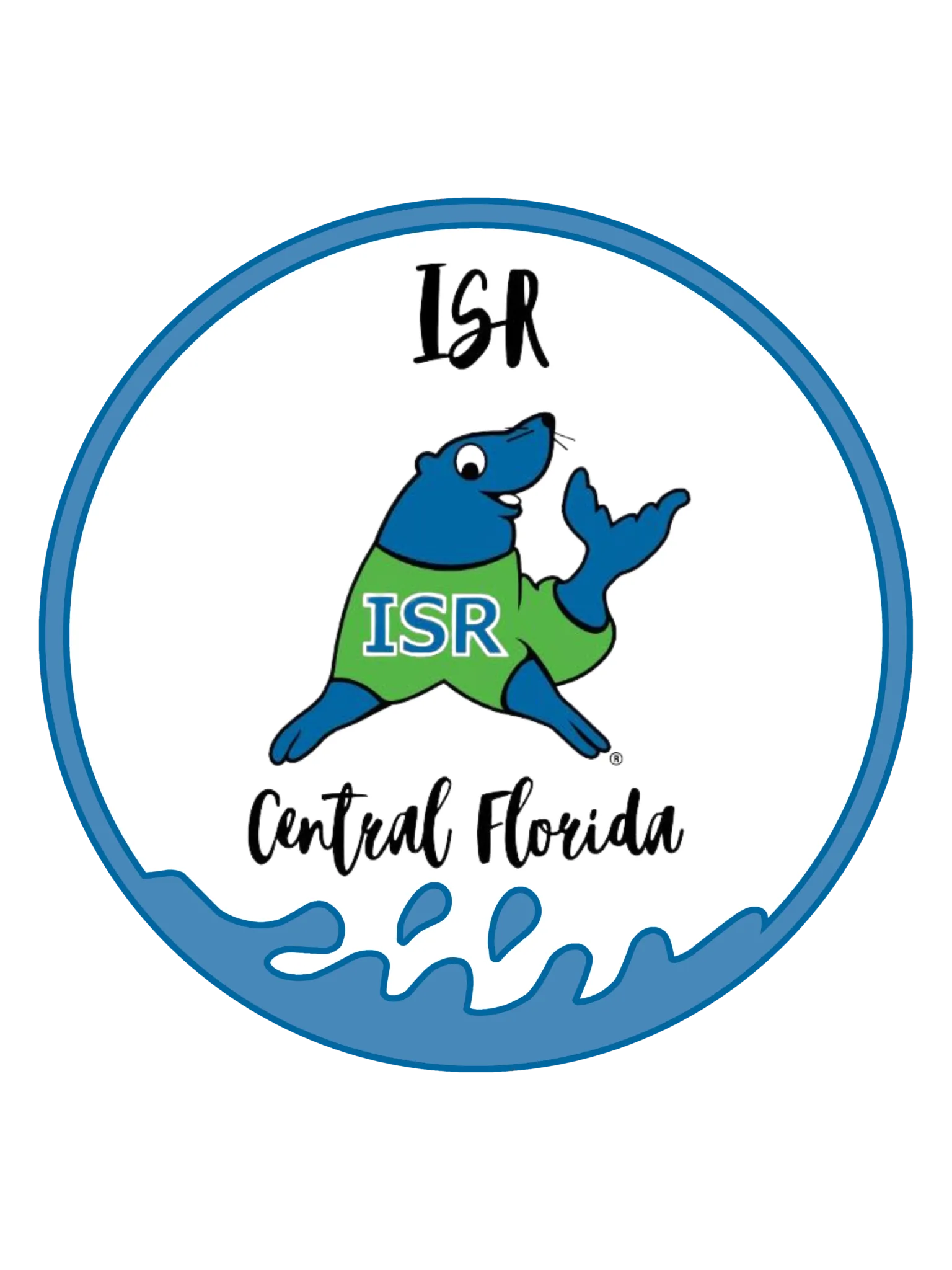 A cartoon seal wearing a green and blue shirt with "ISR" on it, surrounded by a circular blue border. The text "Central Florida" is written below the seal. Water splash graphics are at the bottom.
