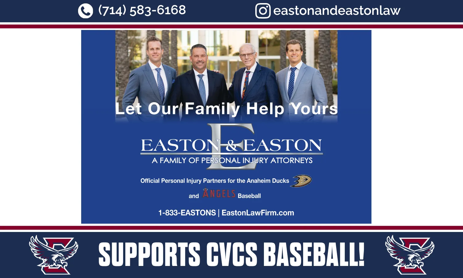 Four people stand in professional attire in front of a blue background featuring text about Easton & Easton, personal injury attorneys. Contact information and logos for the Anaheim Ducks and Angels are present.