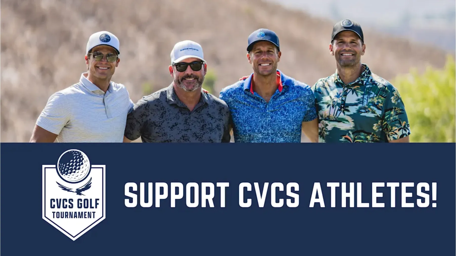 Four people are standing together outdoors, wearing golf attire and smiling. The background features a grassy hillside. Below them is text that reads, "SUPPORT CVCS ATHLETES!" with a golf ball logo.