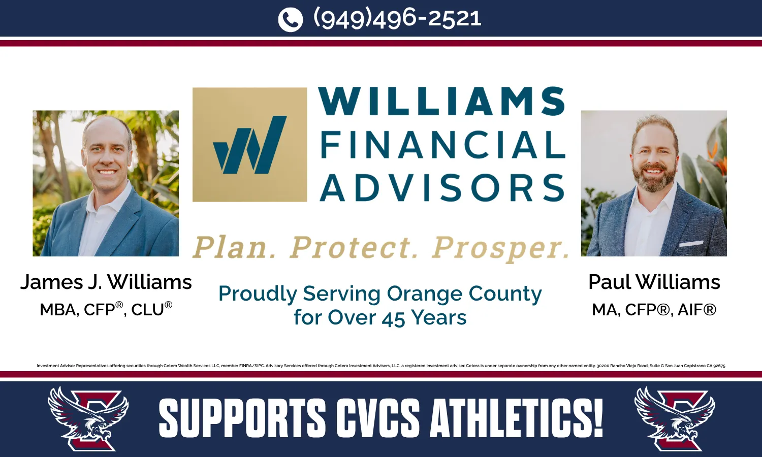 Two people are featured on either side of a central logo for Williams Financial Advisors. The text includes "Plan. Protect. Prosper." and highlights support for CVCS athletics.