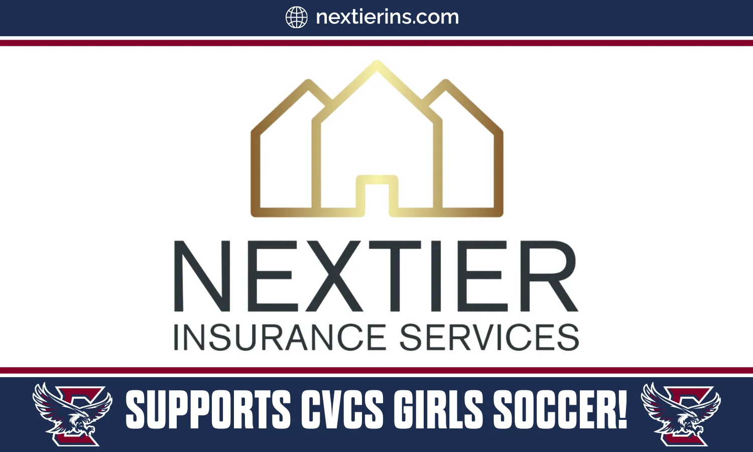 Logo of Nextier Insurance Services with a graphic of a house. Text reads "SUPPORTS CVCS GIRLS SOCCER!" and includes the website URL nextierins.com.