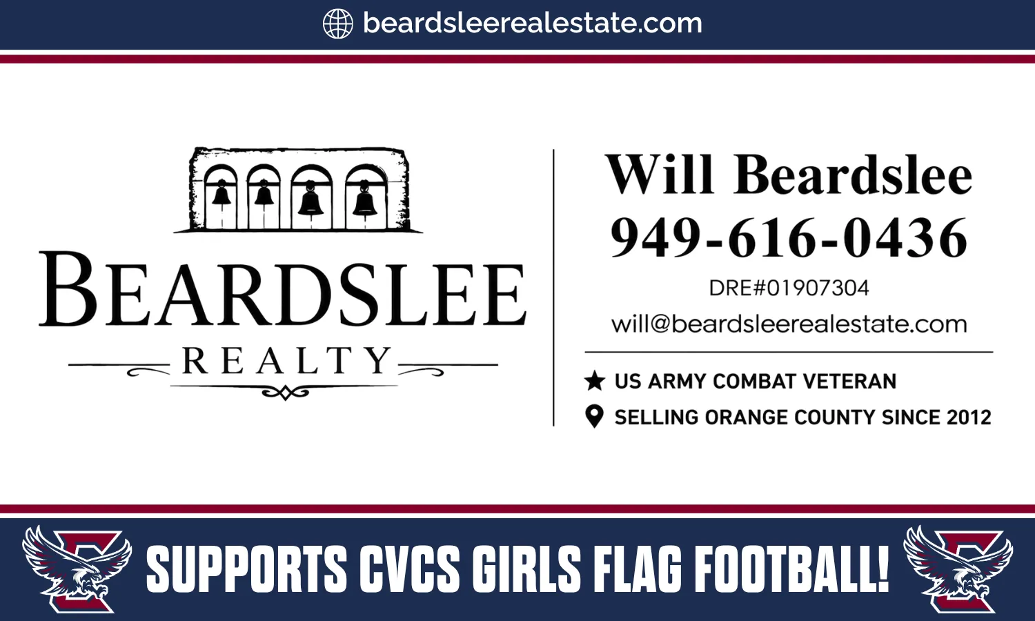 Business card for Beardslee Realty featuring the text "Will Beardslee," contact information, and support for CVCS Girls Flag Football. Logo and design elements are present.