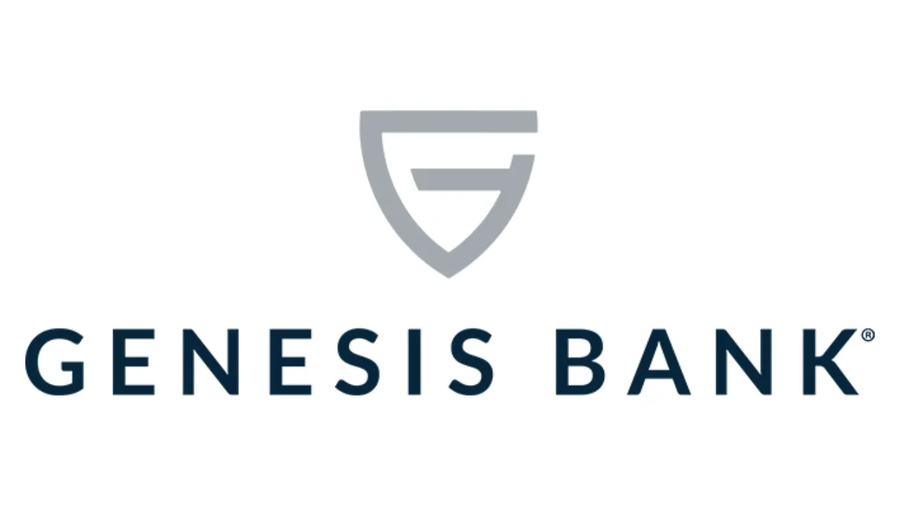 The image features the logo of Genesis Bank, which includes a stylized shield design above the text. The text is presented in a bold, modern font.
