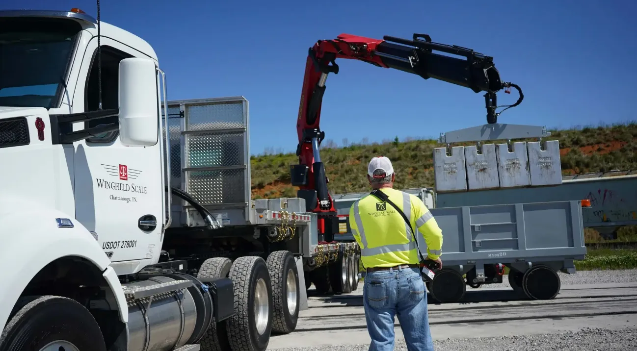 A truck is parked beside a loading area, while a person in a high-visibility jacket operates a crane to lift a container from a nearby flatbed trailer. The setting is outdoors under clear blue skies.
