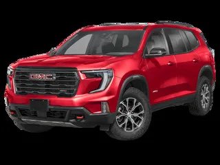 A red GMC SUV is displayed from a frontal angle, showcasing its sleek design, black accents, and large wheels against a neutral background.