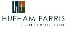 The image features a logo for Hufham Farris Construction, displaying stylized letters "H", "F", and "C" in various colors, with the company name beneath in a clean, modern font.