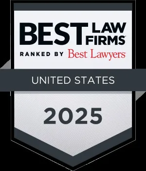 A badge displaying "BEST LAW FIRMS RANKED BY Best Lawyers," with the text "UNITED STATES" and "2025" at the bottom. The badge has a shield shape and a black and silver color scheme.
