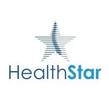 Logo featuring a star with lines, adjacent to the text "HealthStar" in blue. The star is outlined in blue and has alternating shades of blue and white lines.